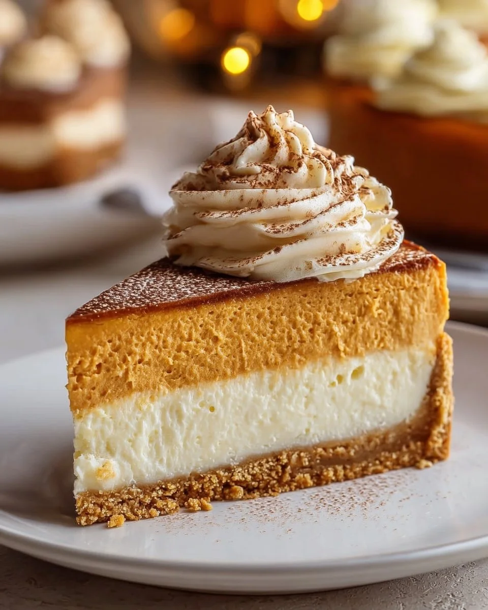 Slice of delicious Pumpkin Pie Cheesecake topped with whipped cream and spices