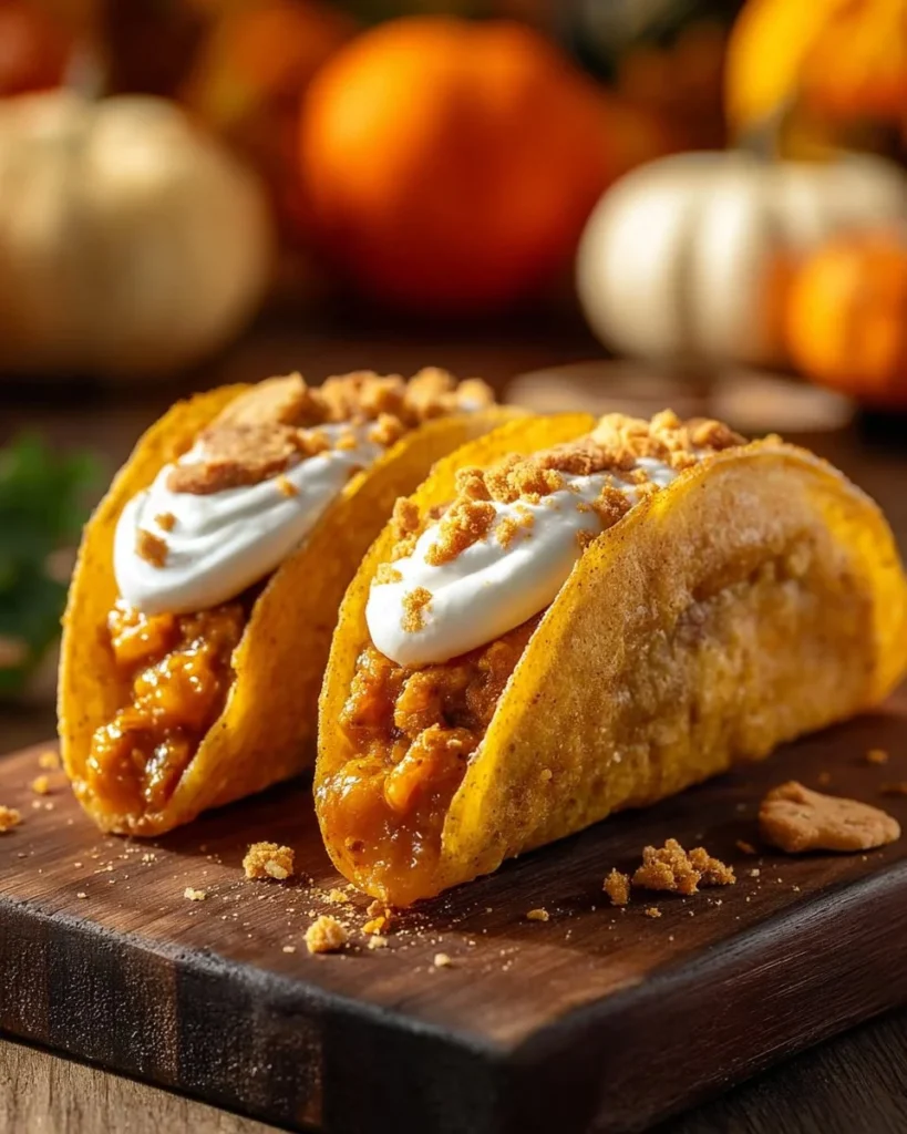 Delicious pumpkin pie tacos garnished and ready to serve for fall desserts.