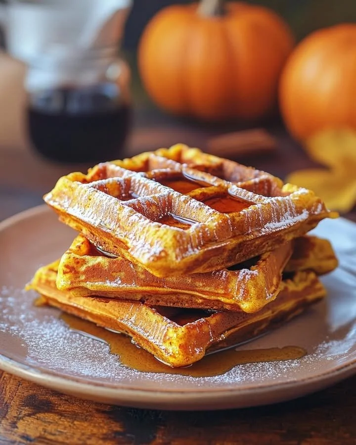 Stack of golden Pumpkin Spice Waffles topped with whipped cream and maple syrup.