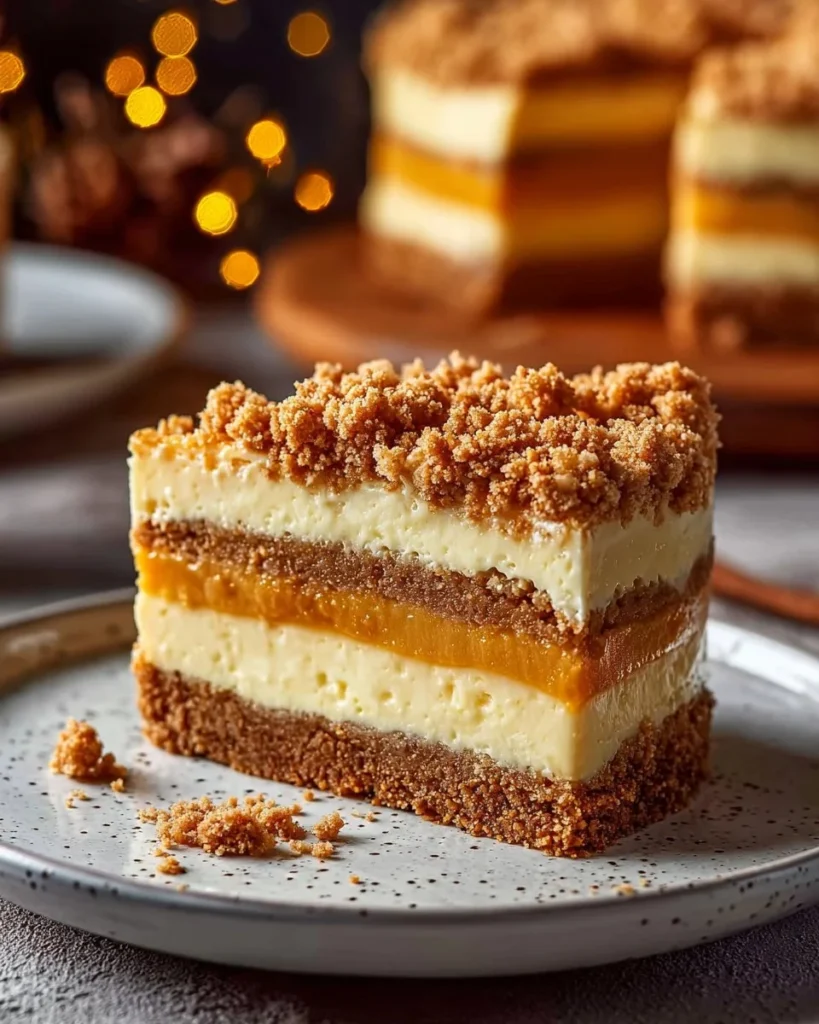 Delicious Pumpkin Streusel Cheesecake with a creamy filling and crunchy topping