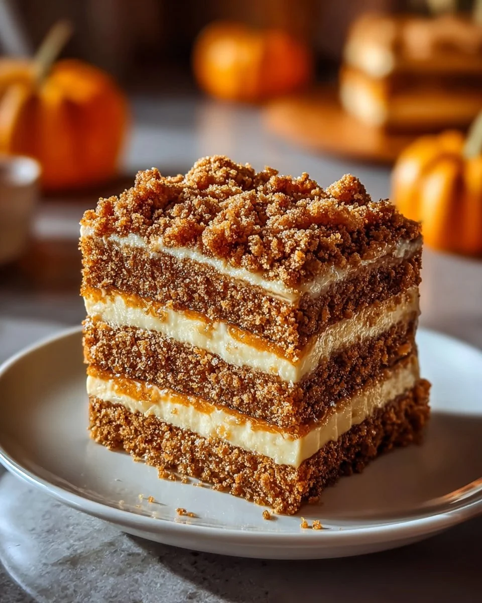 Delicious Pumpkin Streusel Coffee Cake topped with crunchy streusel