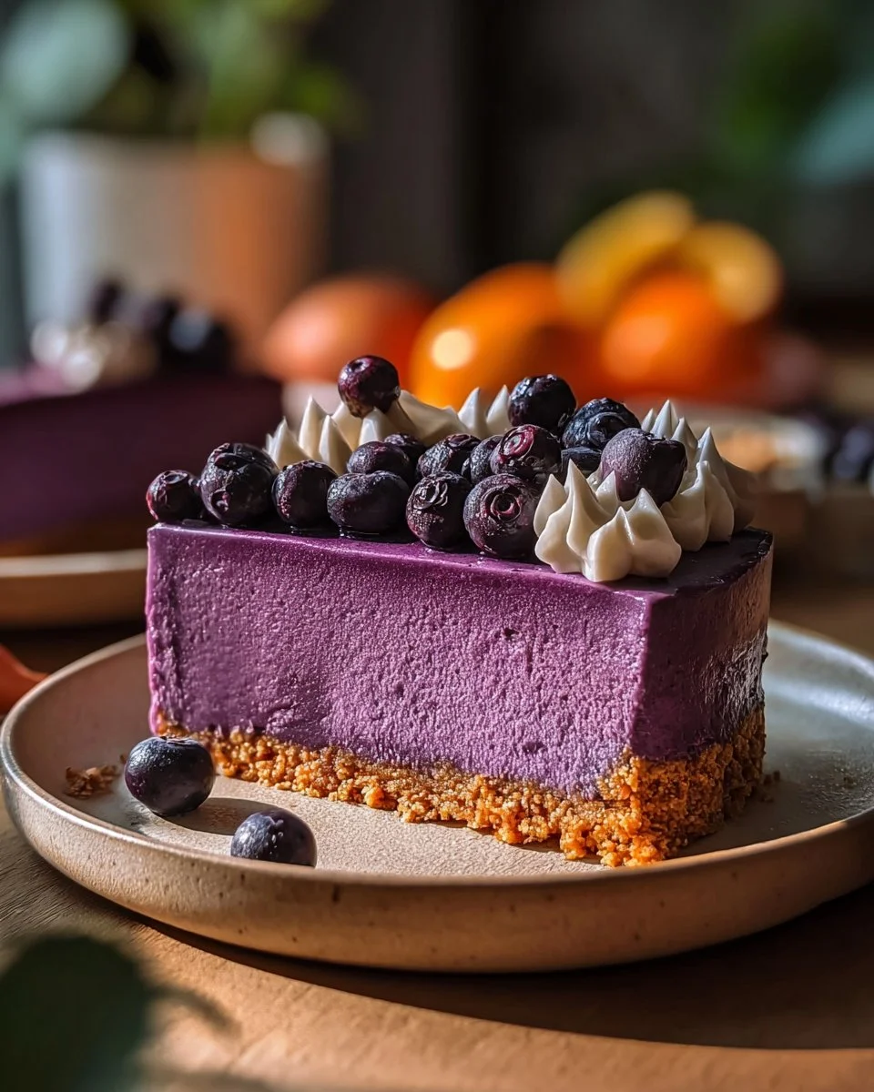 Slice of purple sweet potato pie with whipped cream on top