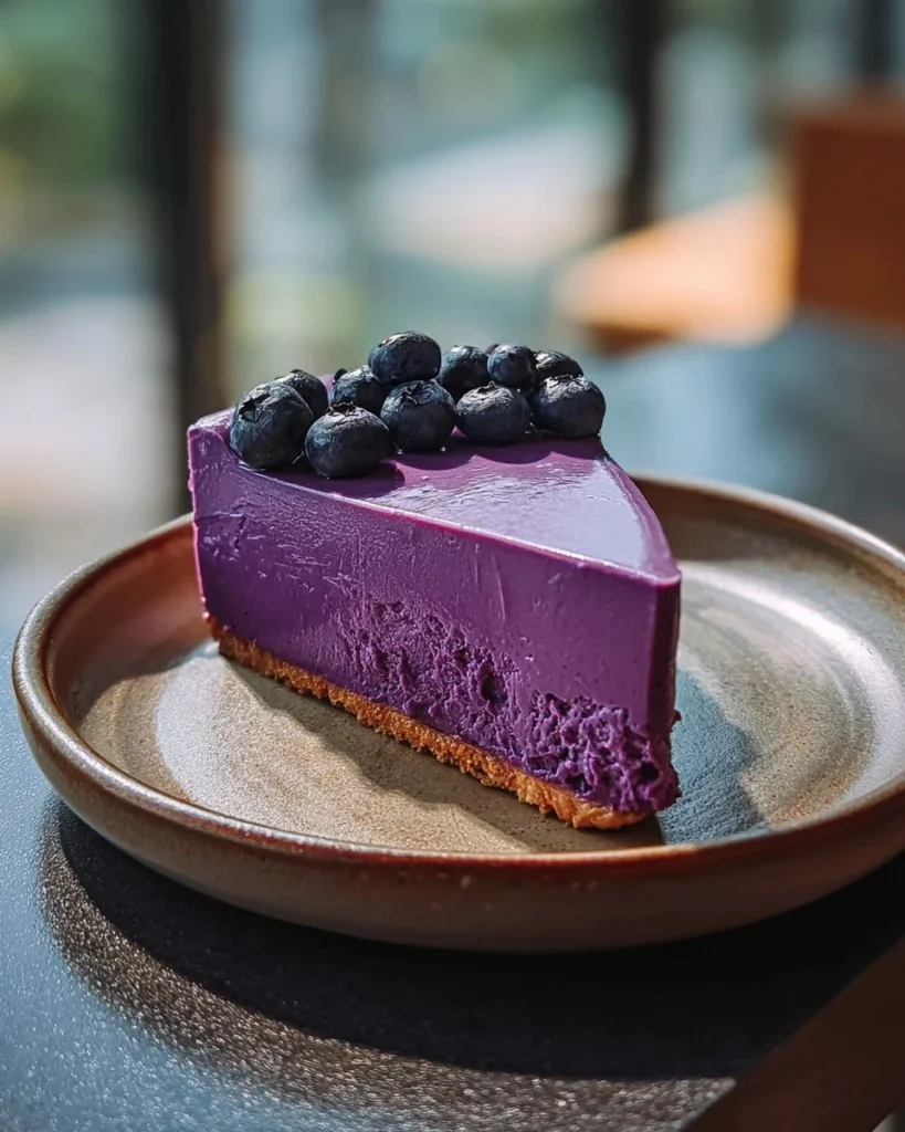 Purple sweet potato pie served on a rustic plate with a slice cut out.