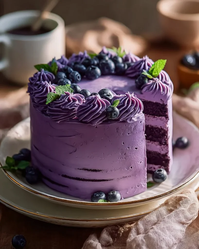 Delicious slice of Purple Velvet Cake with cream cheese frosting