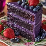 A beautifully decorated Purple Velvet Cake with cream cheese frosting and edible flowers.