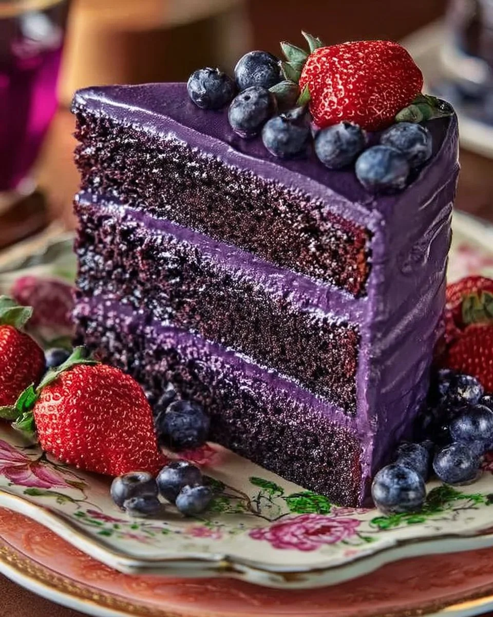 A beautifully decorated Purple Velvet Cake with cream cheese frosting and edible flowers.