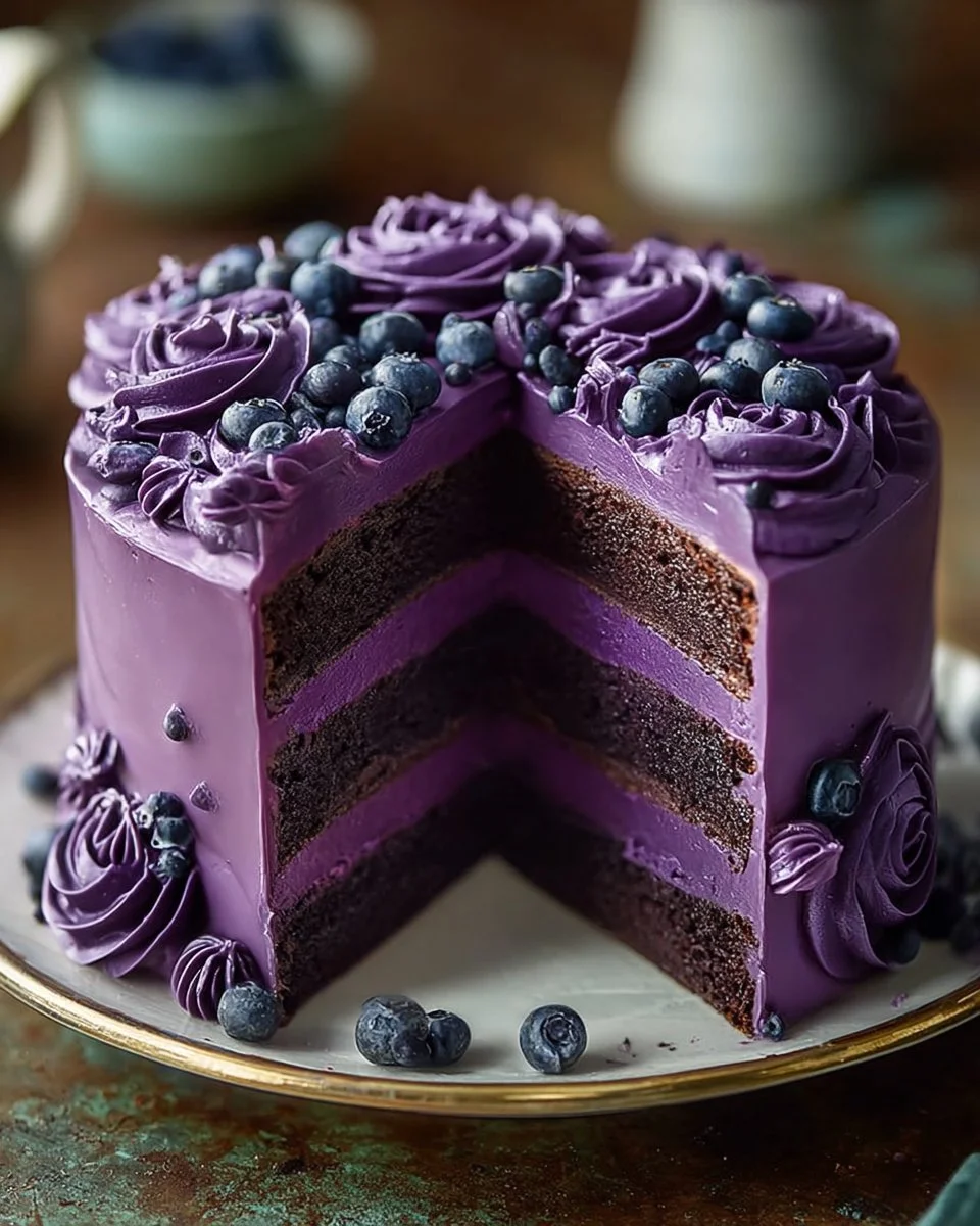 Slice of delicious Purple Velvet Cake with cream cheese frosting
