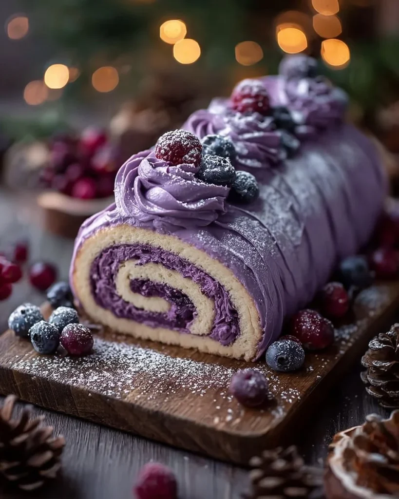 Purple Velvet Cake Roll topped with cream cheese frosting and decorative sprinkles