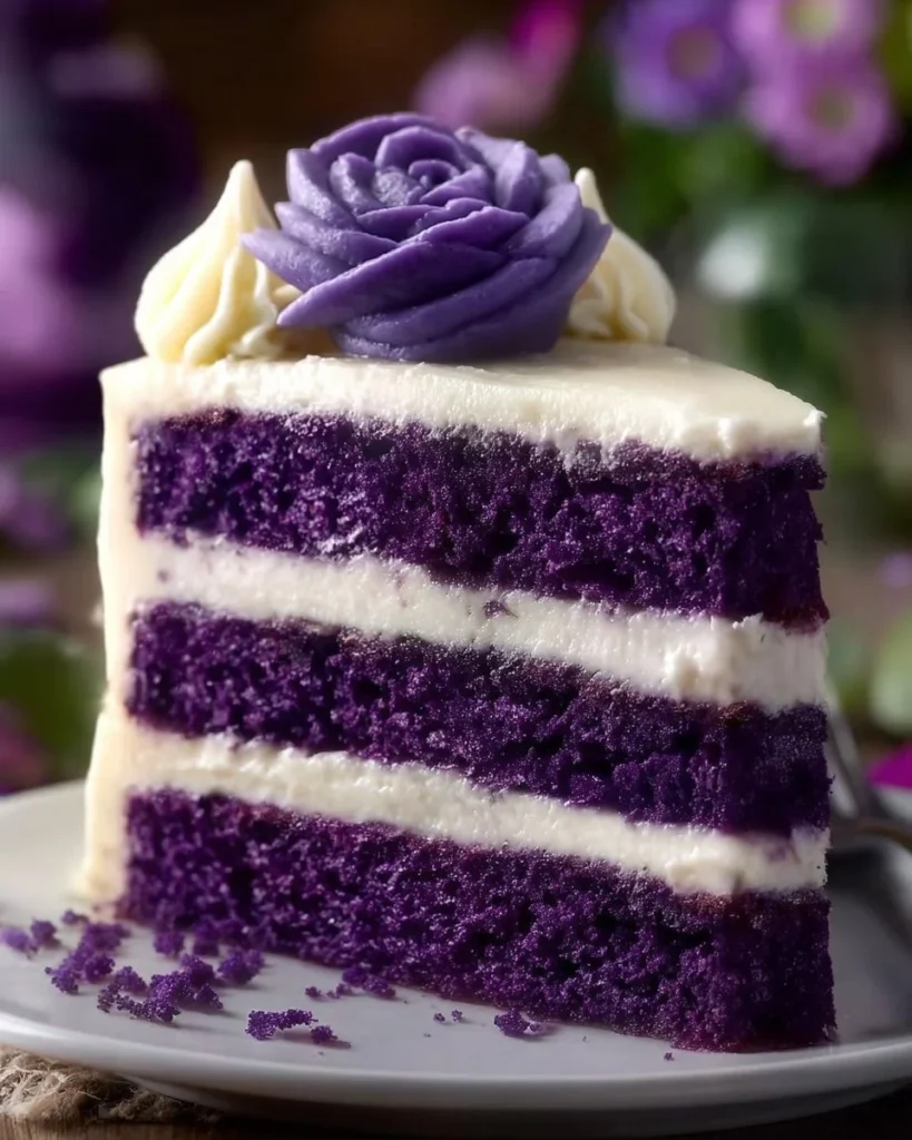 Delicious purple velvet cake with cream cheese frosting served on a plate