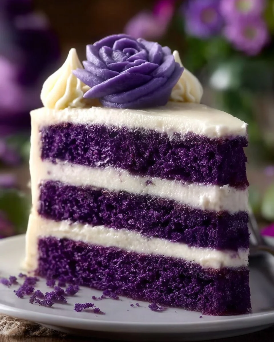 Delicious purple velvet cake with cream cheese frosting served on a plate