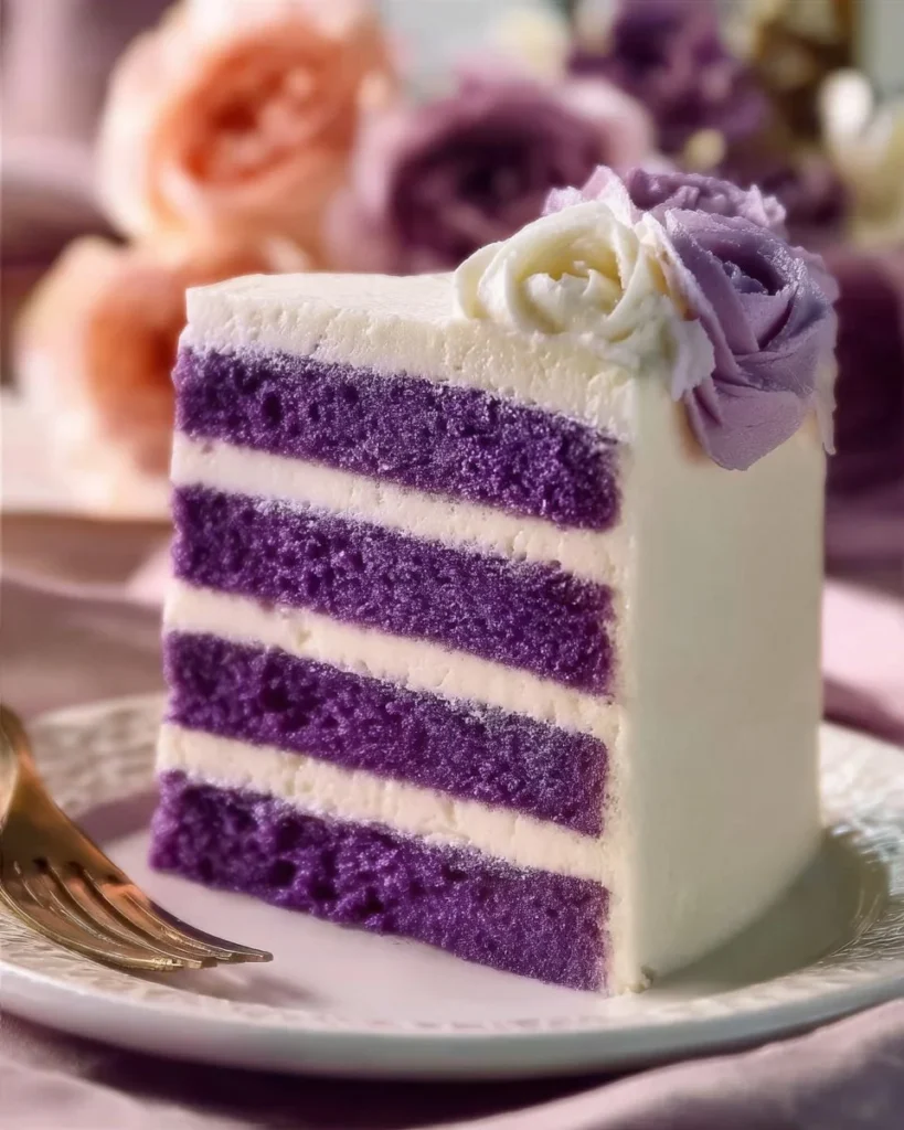 Delicious purple velvet cake topped with cream cheese frosting