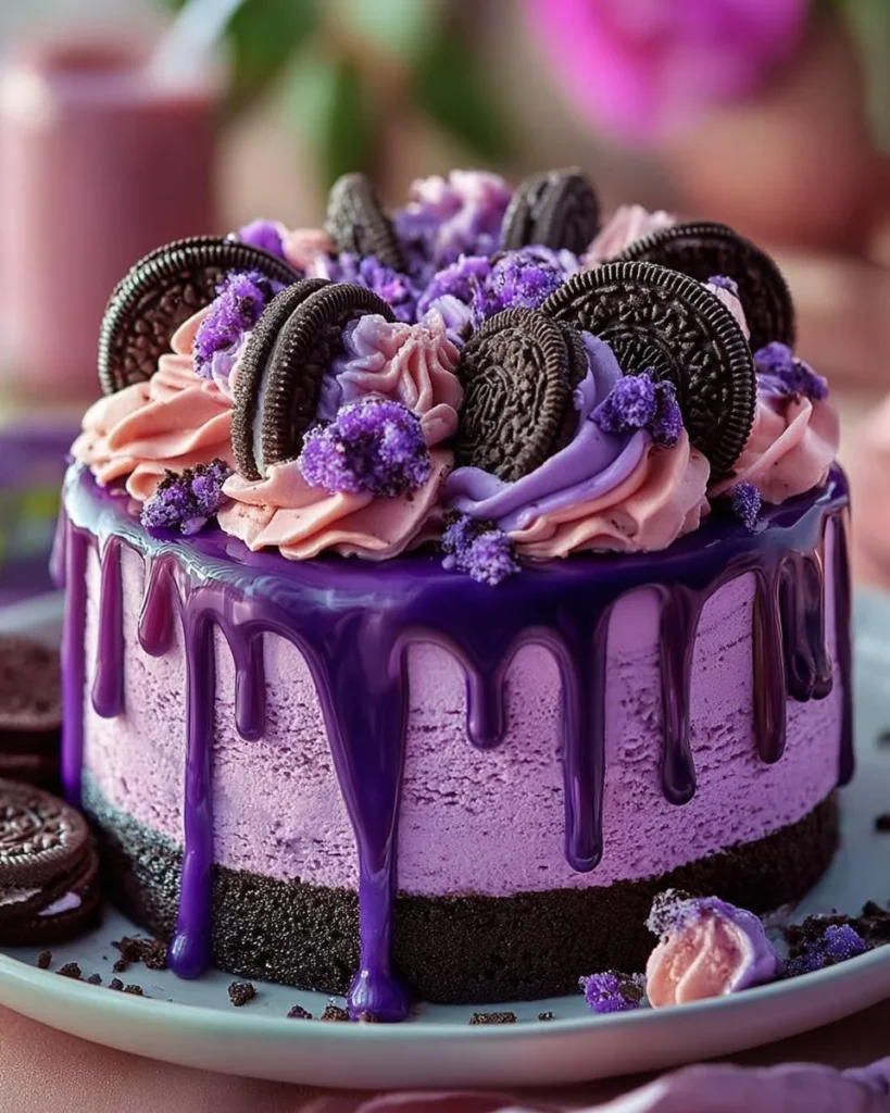Purple Velvet Oreo Cheesecake topped with crushed Oreos and vibrant purple whipped cream.