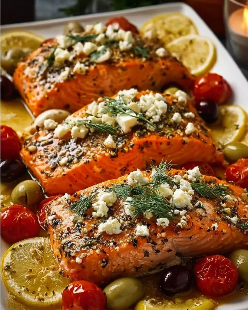 Quick and easy Greek Salmon dish with fresh herbs and lemon.