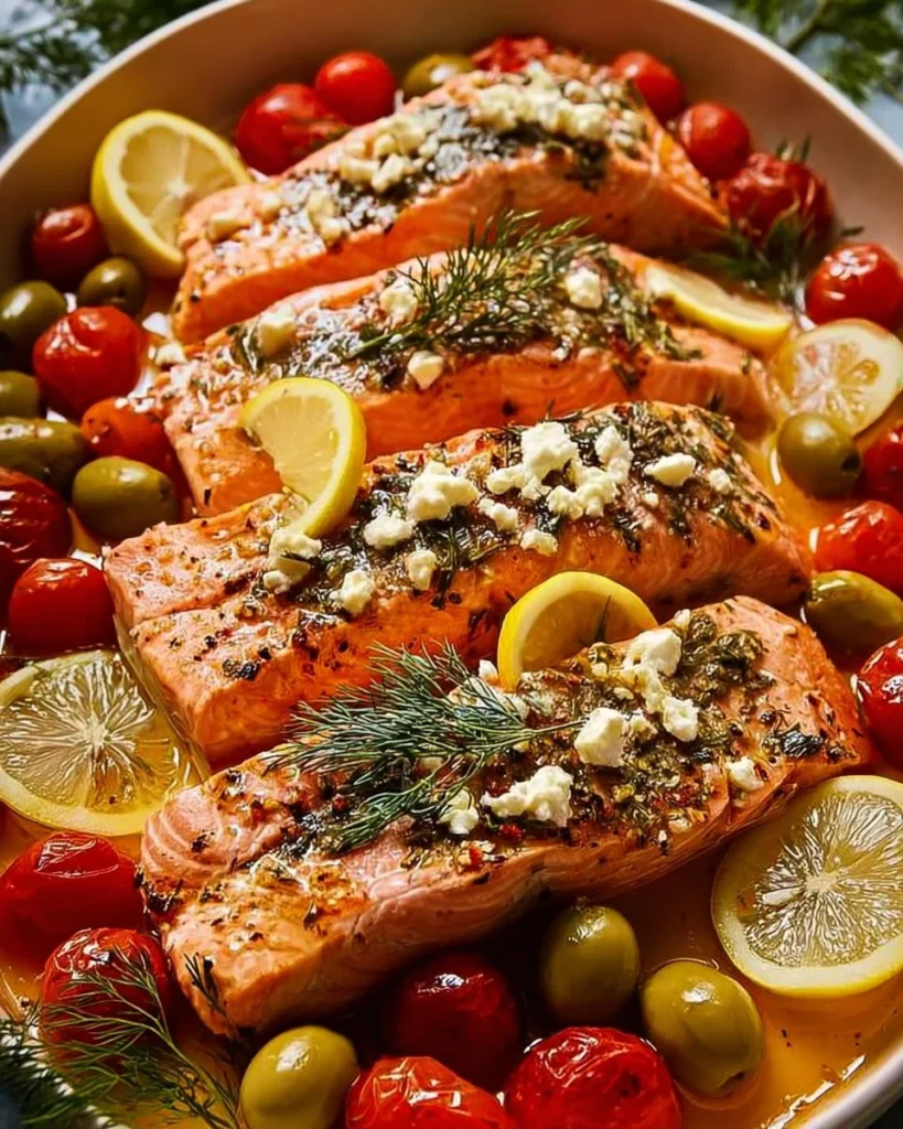 Delicious Greek Salmon served with fresh herbs and lemon