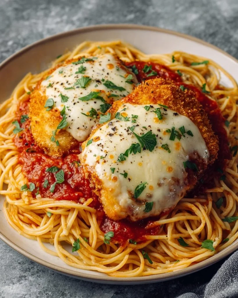 Delicious Quick Baked Chicken Parmesan served with fresh herbs and cheese