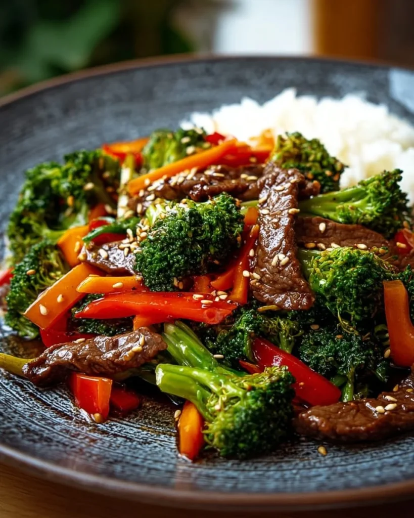 Quick beef stir-fry with vegetables in a sizzling pan
