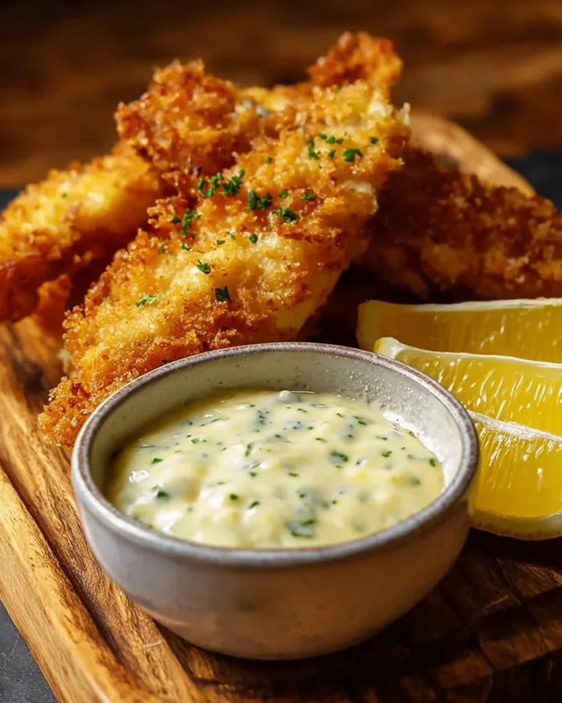 Bowl of quick and creamy tartar sauce with fresh ingredients on a wooden table