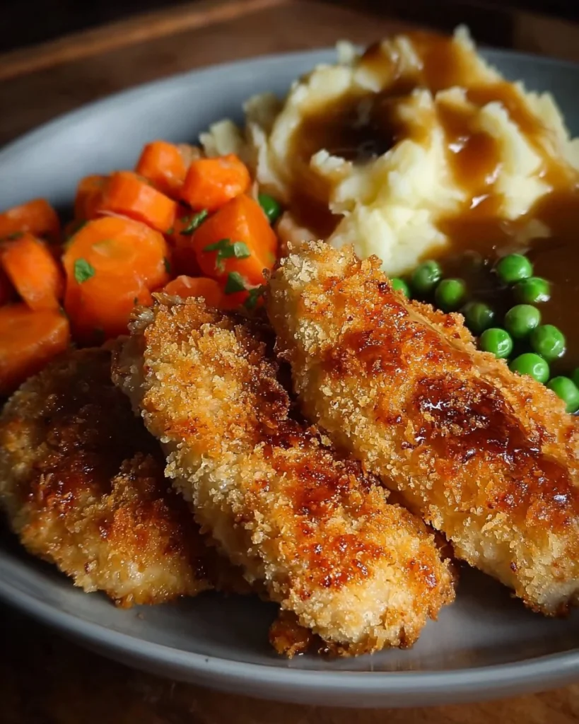 Plate of crispy Parmesan chicken garnished with herbs