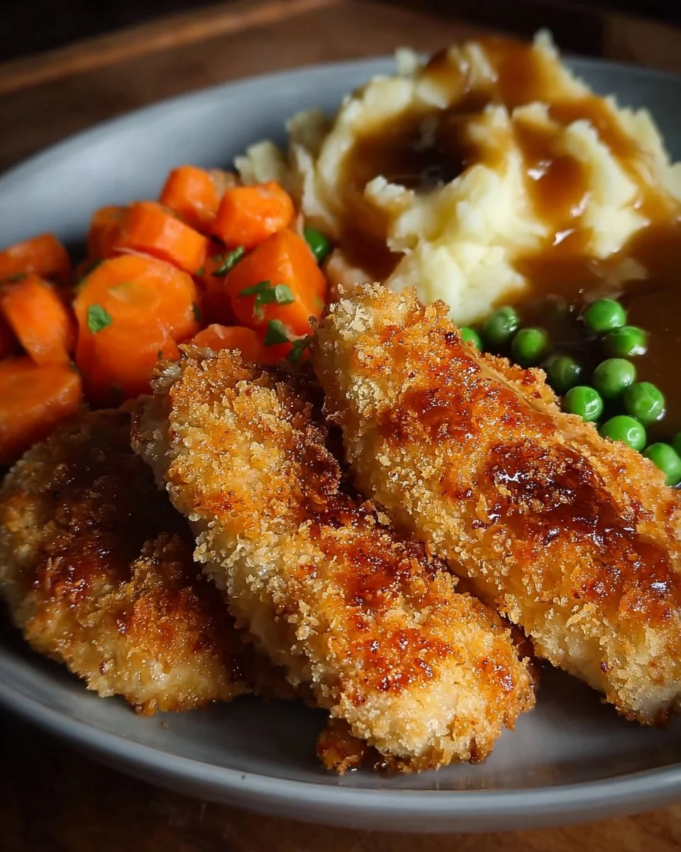 Plate of crispy Parmesan chicken garnished with herbs