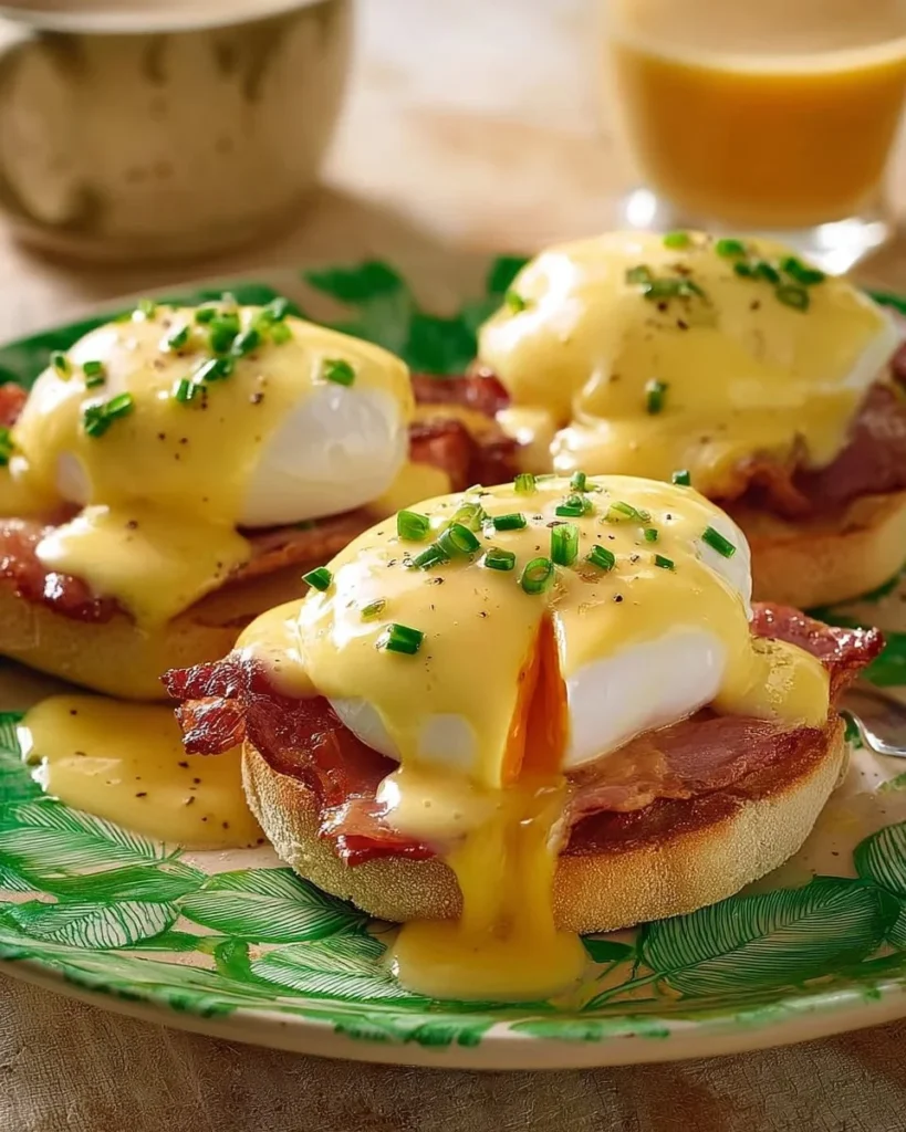 Delicious Quick & Easy Eggs Benedict with Hollandaise sauce served on a plate