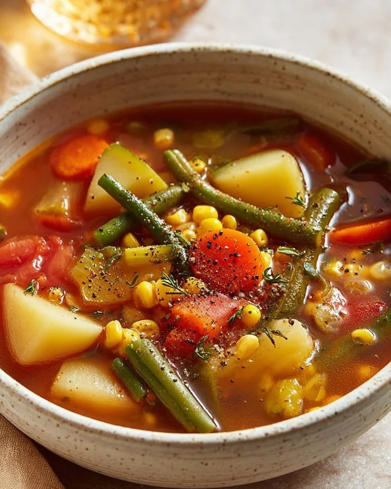 A bowl of quick and easy vegetable soup with colorful vegetables.