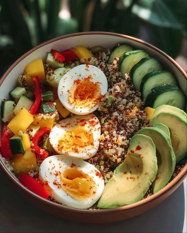 Colorful Quinoa Veggie Bowl with fresh vegetables and grains.