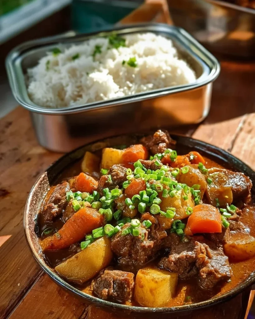 Homemade ragout de boeuf with assorted vegetables served in a bowl.