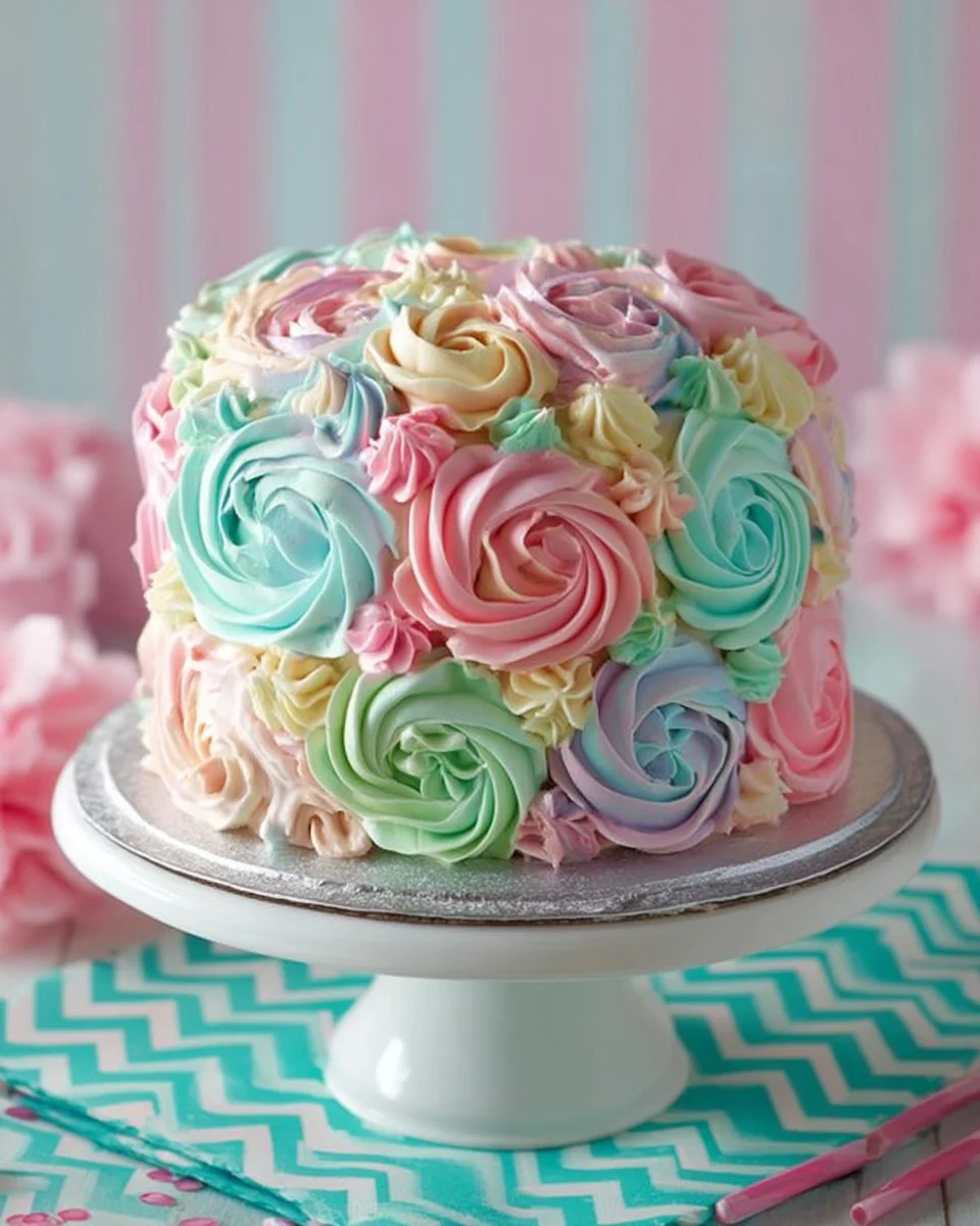 Colorful Rainbow Buttercream Flower Cake decorated with vibrant buttercream flowers.