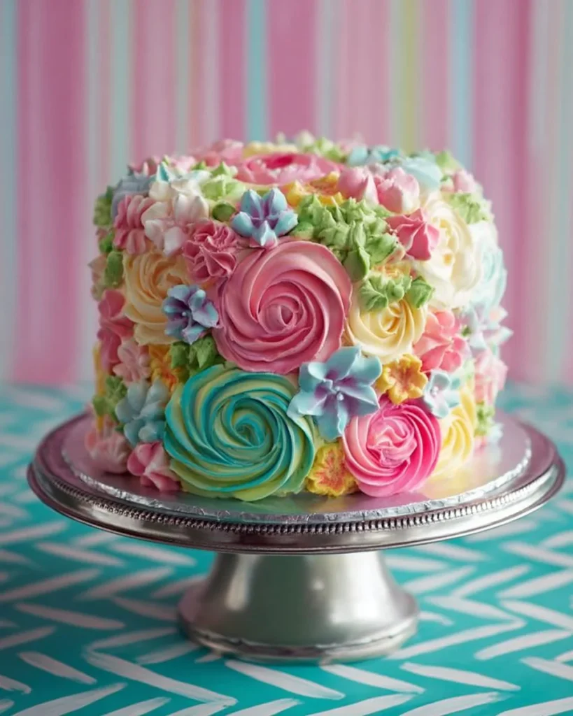 Rainbow Buttercream Flower Cake decorated with colorful flowers