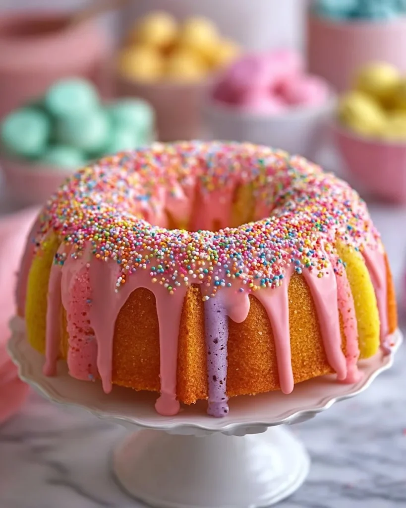 Rainbow Funfetti Bundt Cake topped with colorful sprinkles and icing.