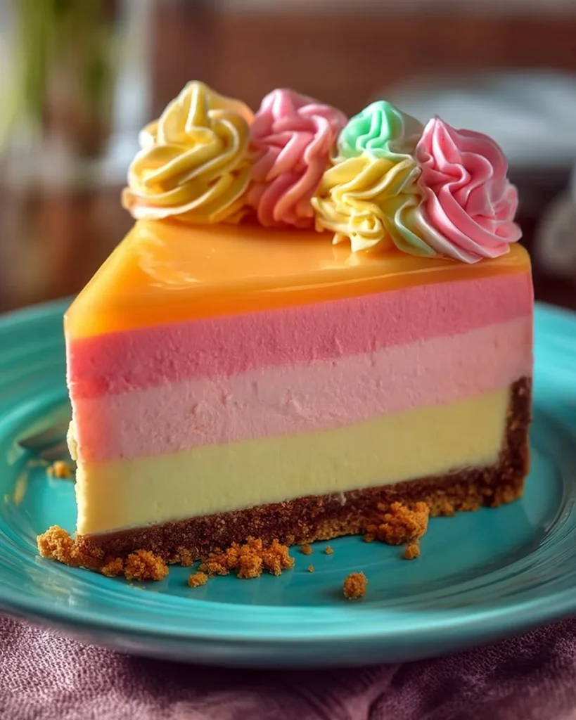Slice of colorful Rainbow Sherbet Cheesecake on a plate