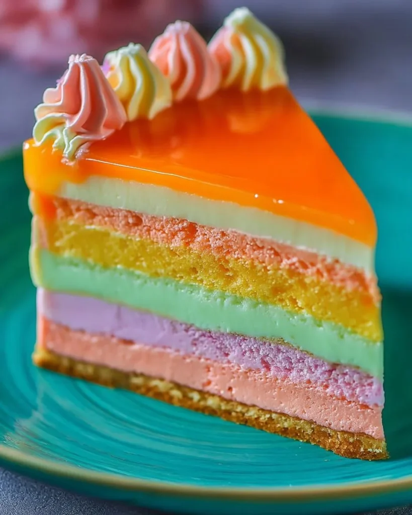 A slice of colorful Rainbow Sherbet Cheesecake with vibrant swirls