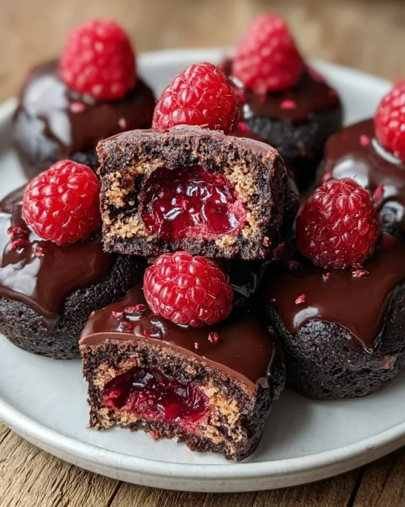 Homemade Raspberry Brownie Date Bites on a plate, healthy dessert option