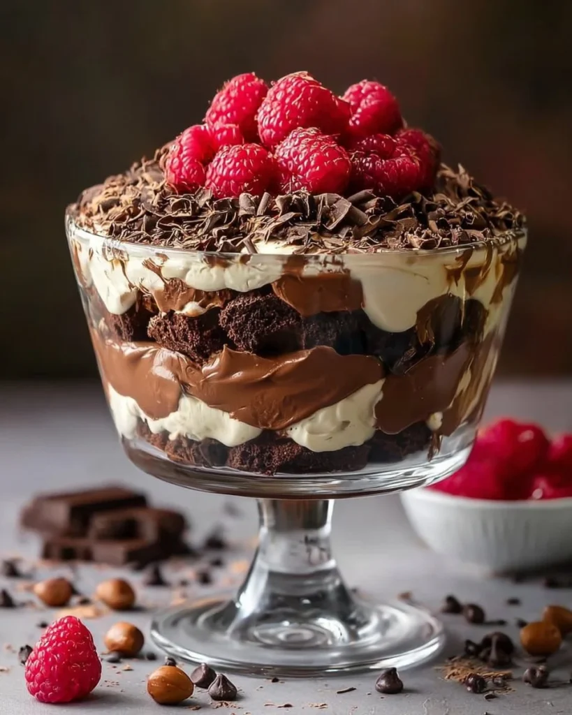Delicious Raspberry Butter Fudge Brownie Trifle dessert with creamy layers.