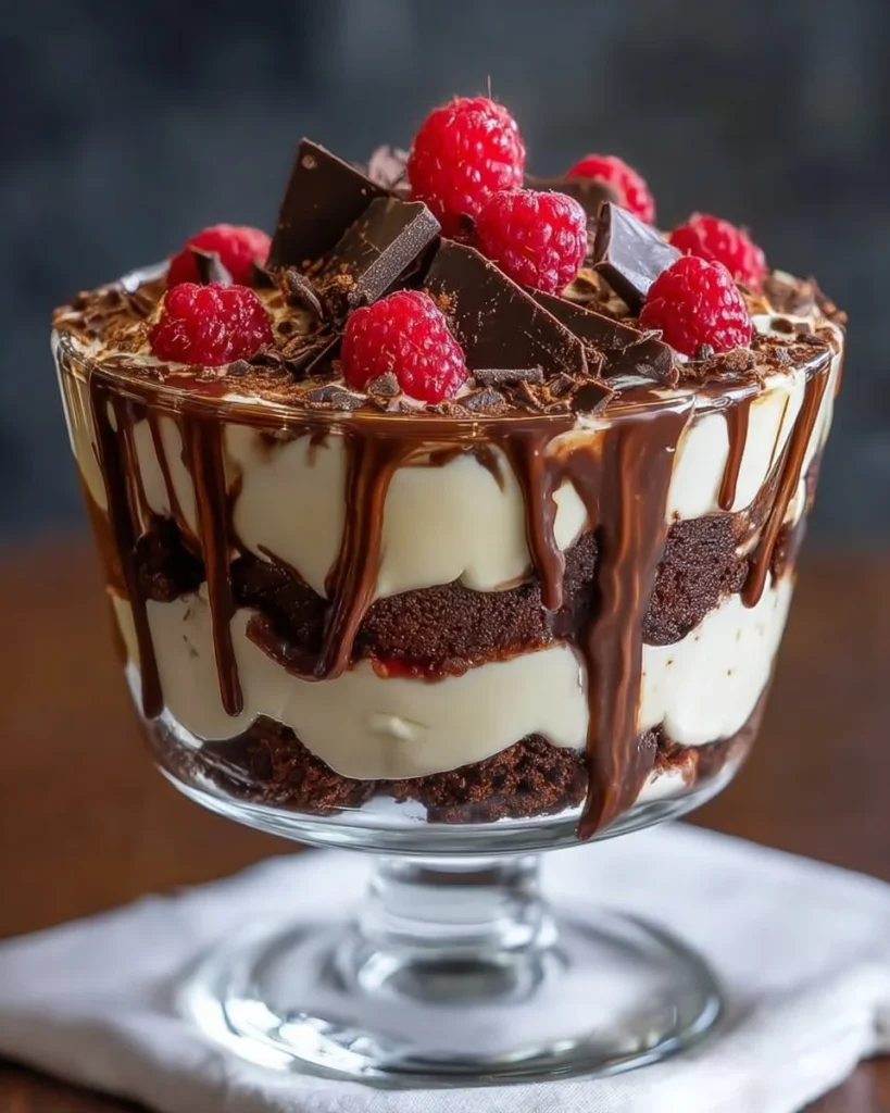 Raspberry Butter Fudge Brownie Trifles in a glass dessert dish