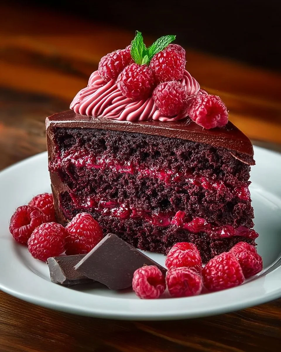 Delicious homemade raspberry cake topped with fresh raspberries