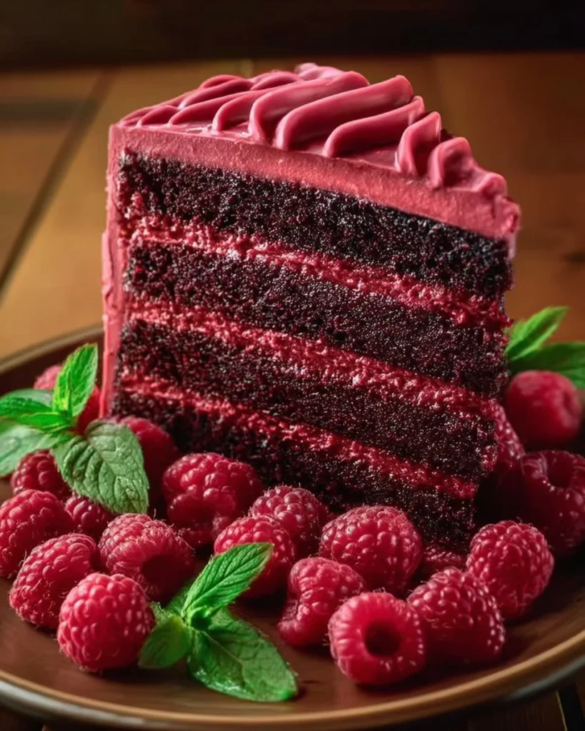 Delicious homemade raspberry cake with fresh raspberries and creamy frosting