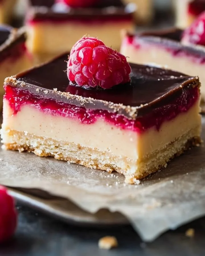Raspberry Caramel Millionaires Shortbread dessert with rich layers