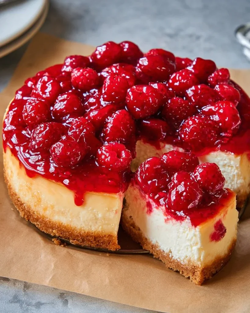 Delicious Raspberry Cheesecake topped with fresh raspberries and creamy filling.