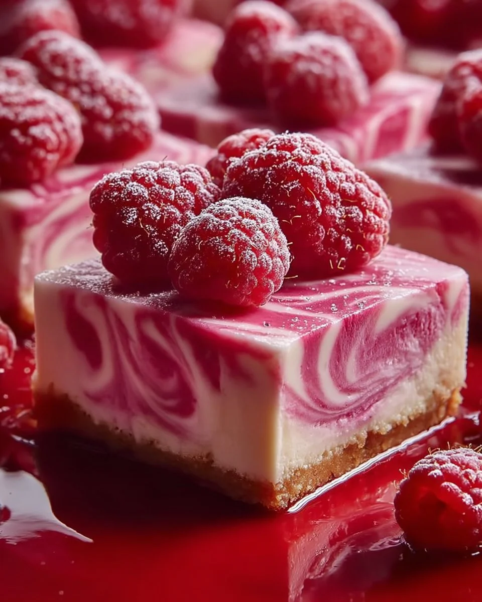 Raspberry Cheesecake Bars with a creamy filling and fresh raspberries on top