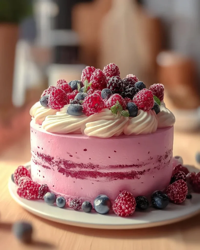 Delicious slice of raspberry cheesecake cake topped with fresh raspberries.
