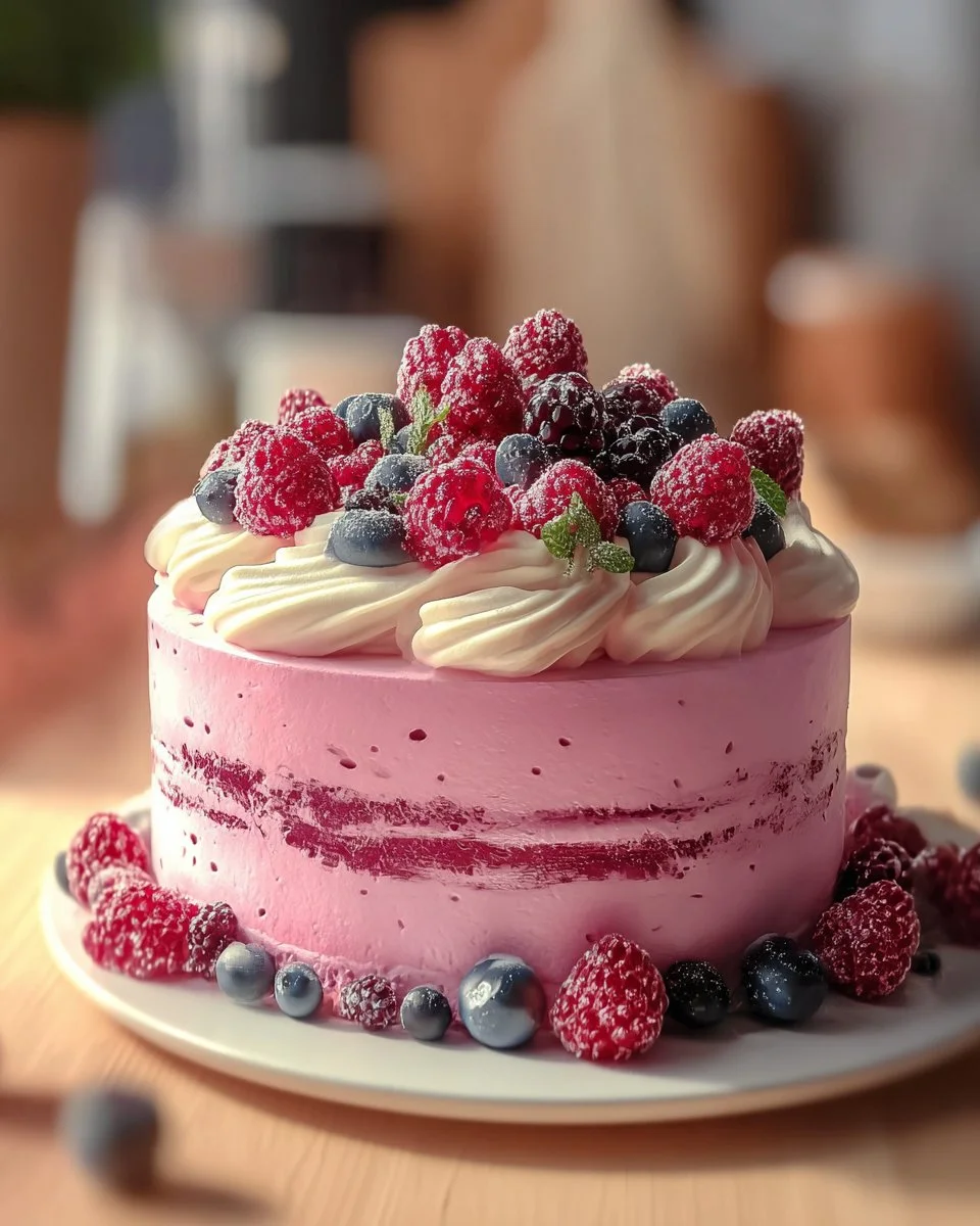 Delicious slice of raspberry cheesecake cake topped with fresh raspberries.