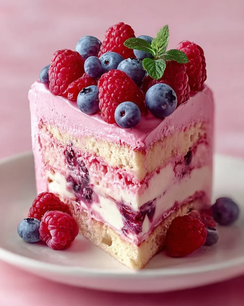 Slice of raspberry cheesecake cake topped with fresh raspberries and whipped cream.