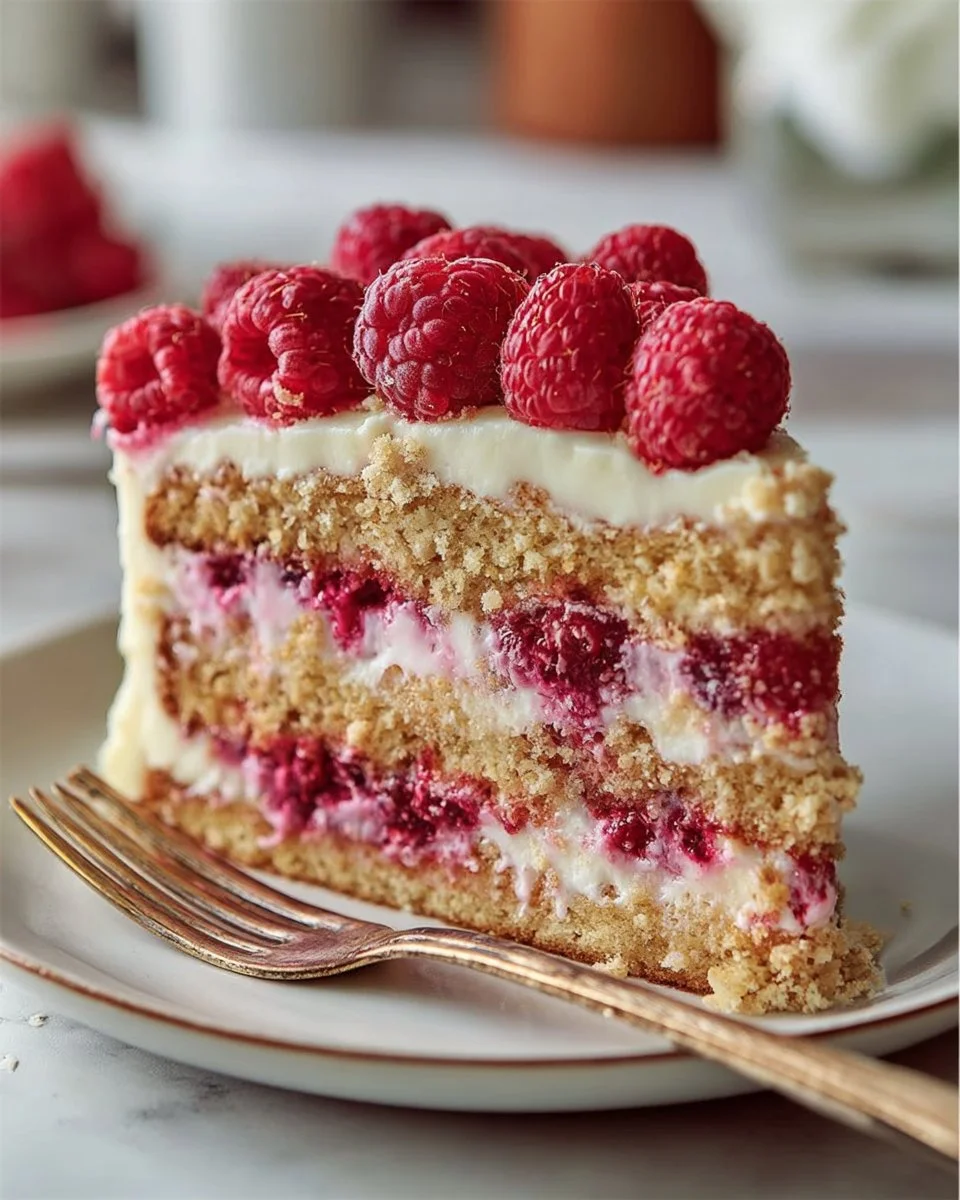Raspberry cheesecake crumb cake with a crumbly topping and fresh raspberries