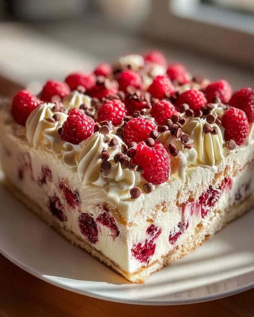 Delicious raspberry cheesecake slice topped with fresh raspberries and cream