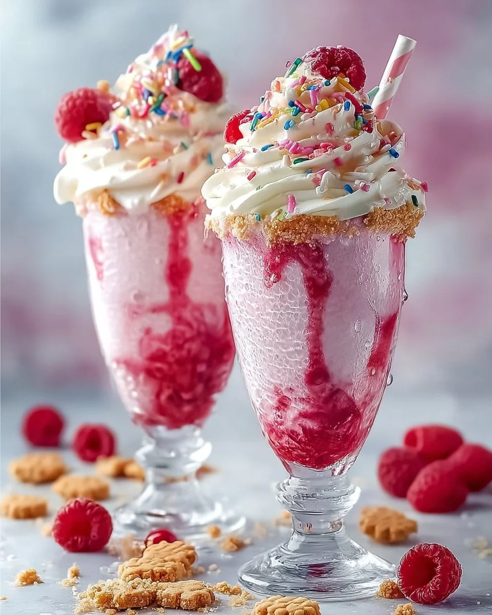 Raspberry Cheesecake Freakshake topped with whipped cream and fresh raspberries