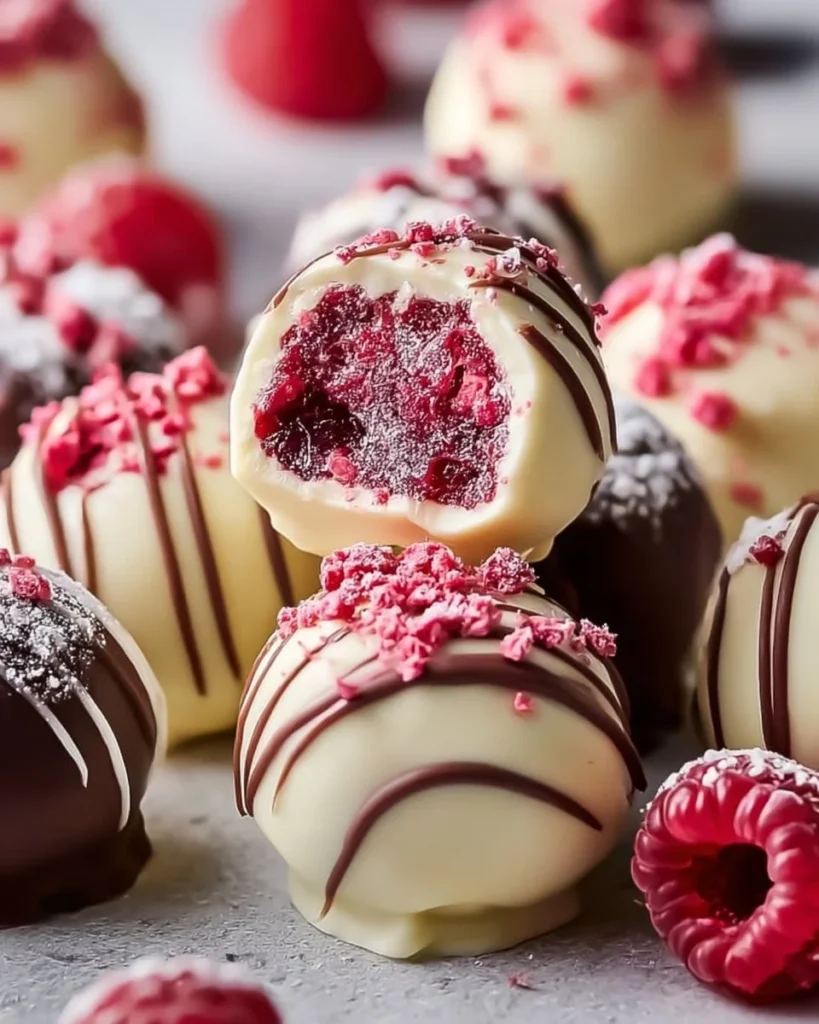 Raspberry Cheesecake Truffles on a white plate garnished with fresh raspberries