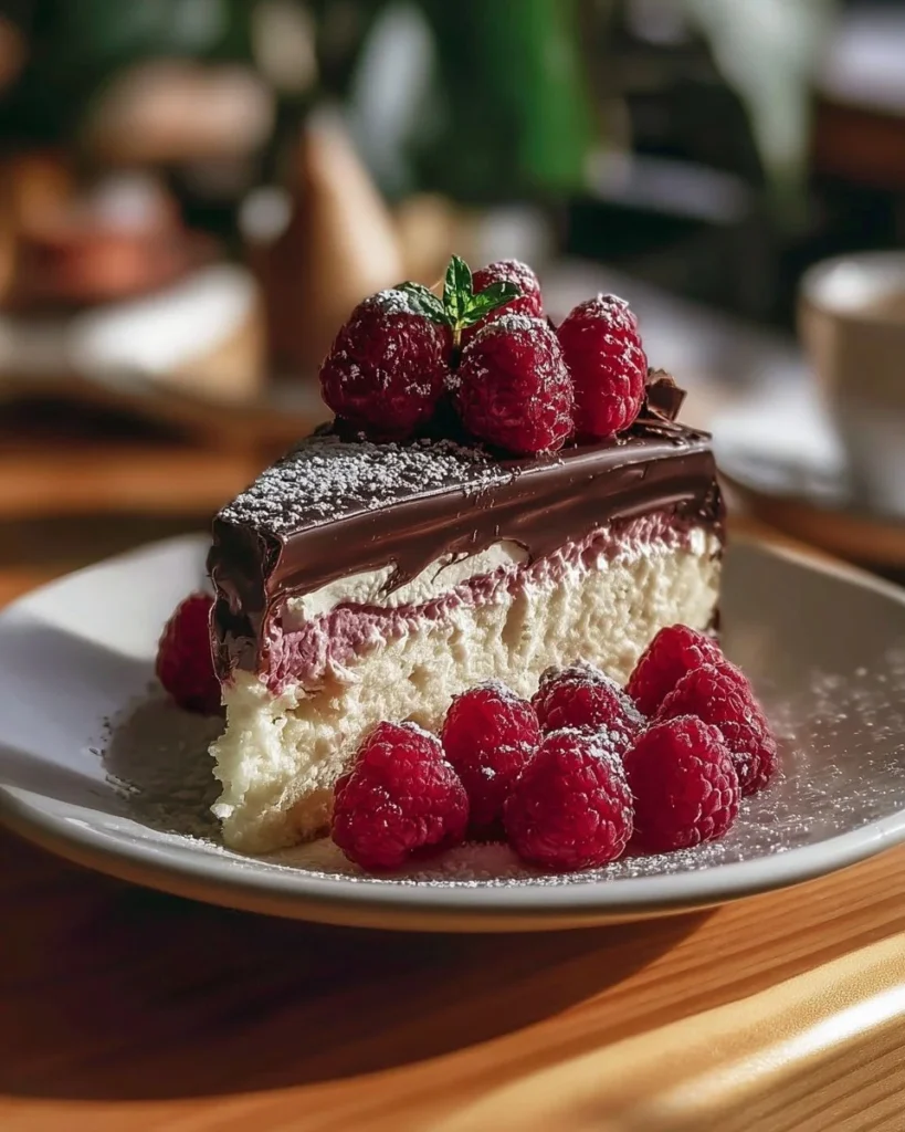 Delicious Raspberry Chocolate Cheesecake topped with fresh raspberries