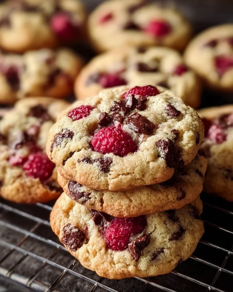 Freshly baked Raspberry Chocolate Chunk Cookies on a cooling rack.