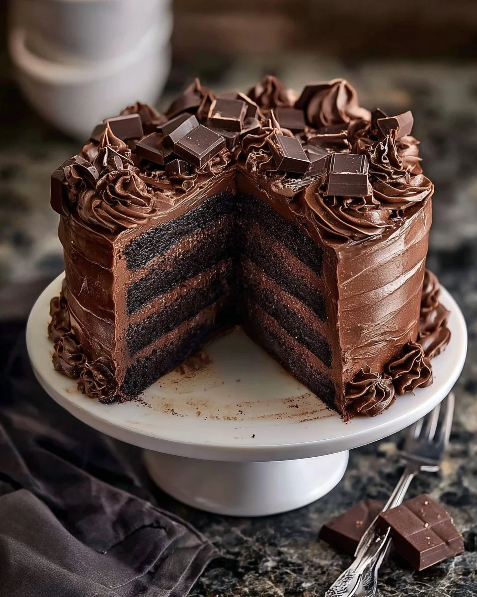 Delicious Raspberry Chocolate Ganache Cake with rich chocolate frosting and fresh raspberries